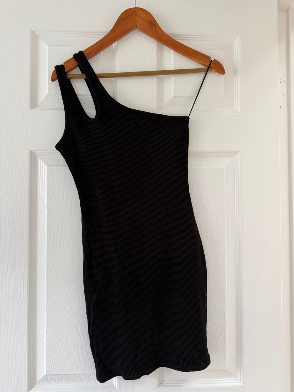 Asymmetrical One-Shoulder Black Rib Knit Dress